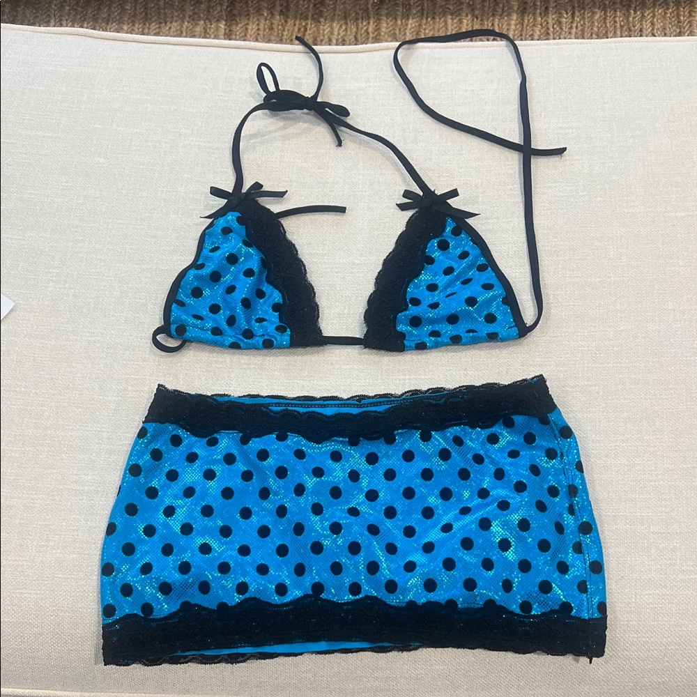 Blue and Black Polka Dot Bikini Set
